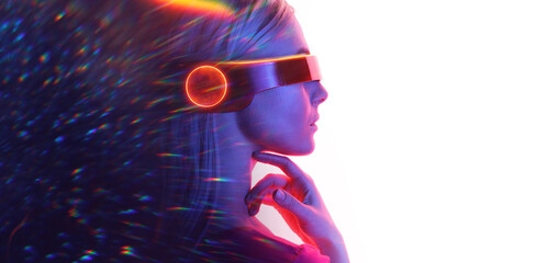 Girl in glasses of virtual reality. Augmented reality, dream, future technology, game concept. VR. Double exposure of female face. Abstract woman portrait. Digital art. Free space for text.