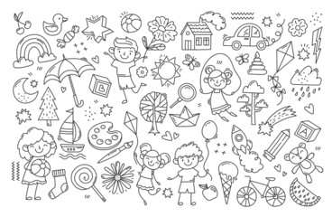 Black and white childs drawing. Large collection of simple icons, various items. Rocket, bear, kite, boy, girl, sweet, sheep, car. Cartoon flat vector illustration isolated on white background © Rudzhan
