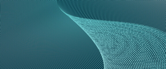 Teal technology background, light particles. Dotted lines. Futuristic wave pattern, digital data concept. Abstract landing page, banner template. Design for presentation, website, voucher, coupon