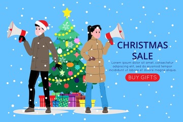 Christmas and New Year banner template for landing page or online store website. A boy and a girl near the Christmas tree are invites through a megaphone to buy gifts. Cute vector flat image.
