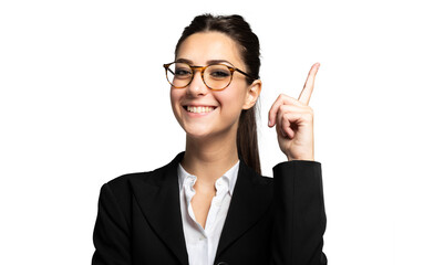 Portrait of a beautiful businesswoman wearing eyeglasses and pointing her finger up, idea or...