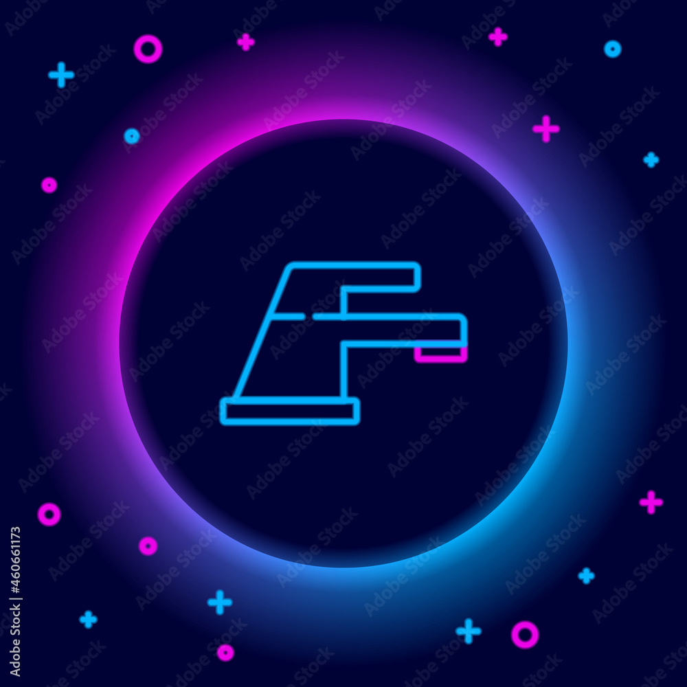 Sticker Glowing neon line Water tap icon isolated on black background. Colorful outline concept. Vector