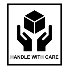 Handle with care flat icon with black frame isolated on white background. Fragile package symbol. Label vector illustration