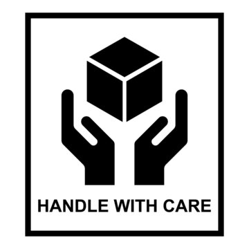 Handle with care flat icon with black frame isolated on white background. Fragile package symbol. Label vector illustration