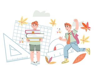 Cute schoolboys against backdrop of school supplies and stationery. Back to school banner backdrop. Schooling and kids education, flat cartoon vector illustration isolated on white background.