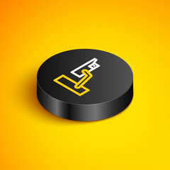 Isometric line Security camera icon isolated on yellow background. Black circle button. Vector