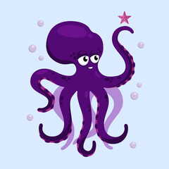 purple octopus holds a starfish in its tentacle