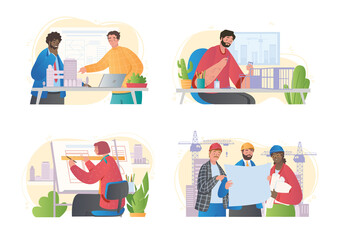 Set of architect pictures. Collection of images with building design. Highrise construction, city, town. Architect, engineer, foreman. Cartoon flat vector illustration isolated on white background