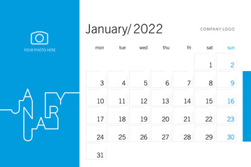 New Year 2022 Desk Calendar Planner 01 month January modern vertical line design typography template blue background