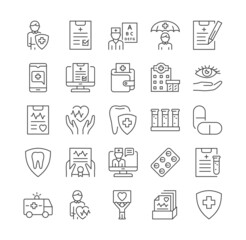Health insurance coverage. Icons for medical websites, graphic elements for pages. Private clinic, medical services, outline, line art. Cartoon flat vector illustration isolated on white background