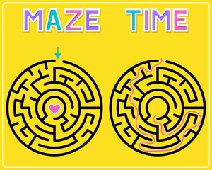 Simple maze template. Logic game for kids. Isolated circle labyrinth.  Find right way. Riddle vector illustration. 