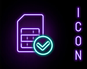 Glowing neon line Sim card icon isolated on black background. Mobile cellular phone sim card chip. Mobile telecommunications technology symbol. Colorful outline concept. Vector