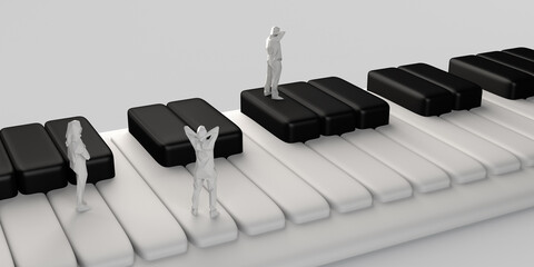 Music concept. People on the keys of a giant piano. Copy space. 3D illustration.