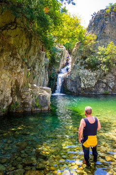 Vathres are small water natural pools with waterfalls along the mountain of Saos on Samothraki island, Greece.
