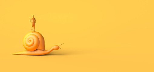 Person on top of a slow snail. Copy space. 3D illustration. - obrazy, fototapety, plakaty
