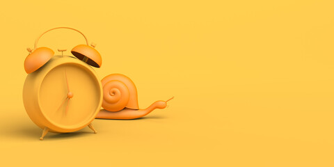 Lazy and slow snail next to an alarm clock. Copy space. 3D illustration. © Rodrigo