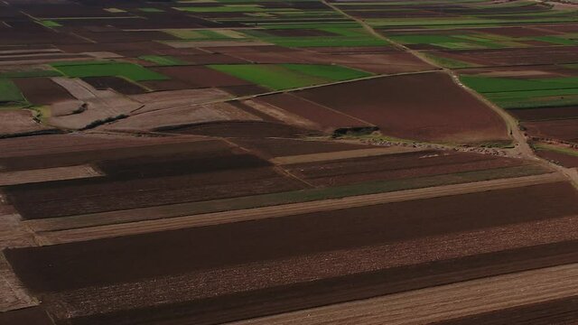 Aerial drone view of a crop fields in the andes of Huancayo, Junin, Peru.
