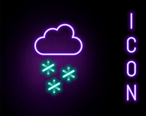 Glowing neon line Cloud with snow icon isolated on black background. Cloud with snowflakes. Single weather icon. Snowing sign. Colorful outline concept. Vector