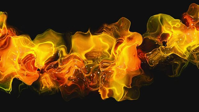 Orange abstract fluid, liquid flames on the black background, 