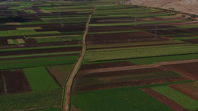 Aerial drone view of a crop fields in the andes of Huancayo, Junin, Peru.