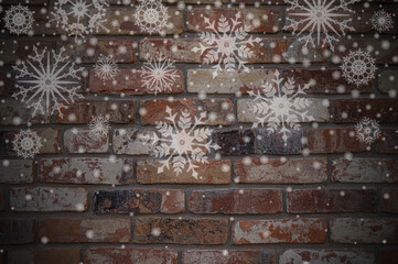 Christmas illustration with white snowflakwes on  brick wall background