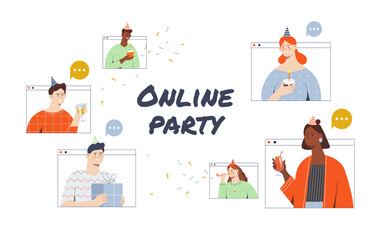 Online party concept. Friends call up on application, video conference. Modern technologies, international. Computer windows, holiday. Cartoon flat vector illustration isolated on white background
