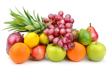 Close up of heap of fruit, isolated on white. Concept of healthy eating and dieting lifestyle