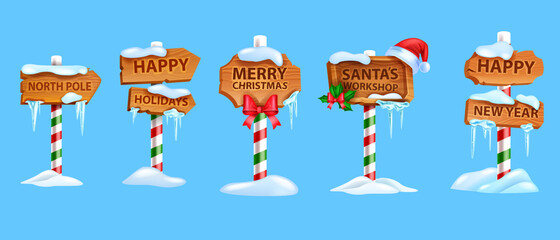 Christmas wooden sigh board set, vector x-mas North Pole road pointer, Santa Claus workshop arrow. New Year holiday game frame kit, snow drift, winter decoration titles. Christmas sign banners, icicle
