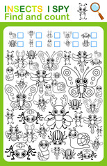 Coloring book page i spy. Count and color insects. Printable worksheet for kindergarten and preschool