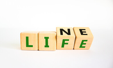 Lifeline, line of life symbol. Turned cubes and changed the word 'life' to 'line'. Beautiful white background. Business lifeline, line of life concept. Copy space.