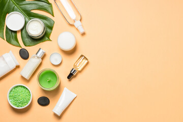 Spa wellness background. Natural spa products and cosmetic at color background. Flat lay image with space for design.