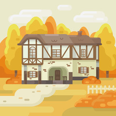 Autumn landscape. House against the background of the sky and other elements of the environment. Mansion vector illustration. House front view in trendy flat style. House facade with door and windows