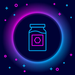 Glowing neon line Jar of honey icon isolated on black background. Food bank. Sweet natural food symbol. Colorful outline concept. Vector