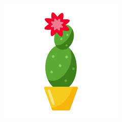 Blooming cactus in pot simple cartoon vector in flat cartoon style.Home succulent plant. Window garden.Home decoration. Houseplant. Plant or flower shop icon or logo. Isolated on white clipart design.