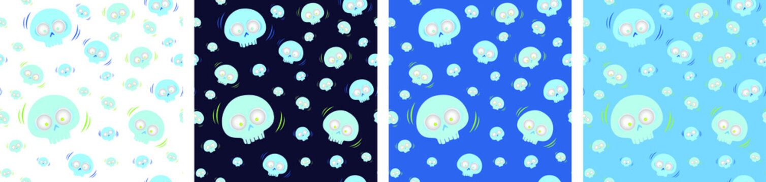 Set of Halloween skull pattern, blue color. cartoon cute kawaii. for fashion, stationery, fabric, wallpaper
