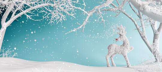 White Christmas deer in magical frozen forest at snowy winter night 3D Rendering, 3D Illustration