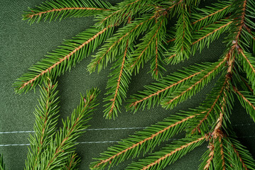 Two branches of the Christmas tree lie on a green cloth.