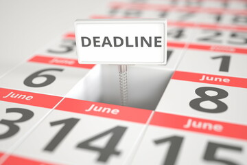 DEADLINE plate on June 7 in a calendar, 3d rendering