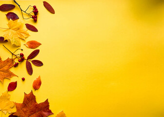 Fototapeta premium Autumn border banner with natural dried leaves and red berries on bright yellow background, top view, copy space. Autumn, thanksgiving day web banner background, cozy flat lay. Lay out, top view.