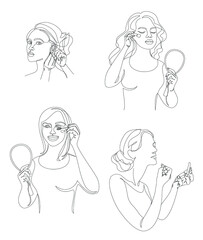 Collection. Silhouettes of a lady. The girl does mauiyage, paints lips, eyelashes, cheeks, earrings in a modern solid line style. Sketches, posters, stickers, logo. Set of vector illustrations.