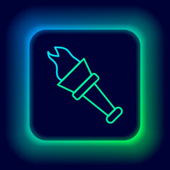 Glowing neon line Torch flame icon isolated on black background. Symbol fire hot, flame power, flaming and heat. Colorful outline concept. Vector