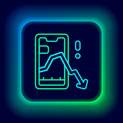 Glowing neon line Mobile stock trading concept icon isolated on black background. Online trading, stock market analysis, business and investment. Colorful outline concept. Vector