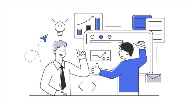White collar man give advise to young intern. Flat metaphor cartoon concept. Simple style 2d animation with alpha channel isolated on white background.
