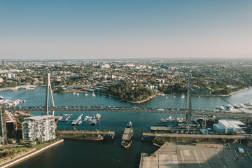 Aerial view of the Anzac Bridge and the city of Sydney, Australia during daylight
