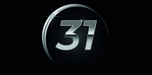 Chrome vector number 31. Logo for birthday, celebrations, dates with silver ring isolated on black background with silver light, vector design for celebration, invitation card and greeting card