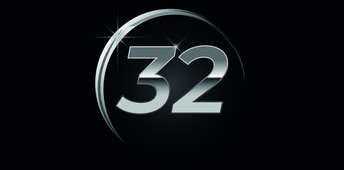 Chrome vector number 32. Logo for birthday, celebrations, dates with silver ring isolated on black background with silver light, vector design for celebration, invitation card and greeting card