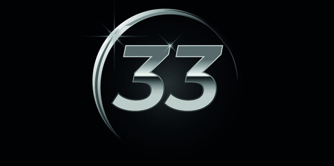 Chrome vector number 33. Logo for birthday, celebrations, dates with silver ring isolated on black background with silver light, vector design for celebration, invitation card and greeting card