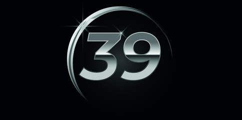 Chrome vector number 39. Logo for birthday, celebrations, dates with silver ring isolated on black background with silver light, vector design for celebration, invitation card and greeting card