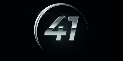 Chrome vector number 41. Logo for birthday, celebrations, dates with silver ring isolated on black background with silver light, vector design for celebration, invitation card and greeting card