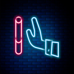 Glowing neon line Giving up cigarette icon isolated on brick wall background. Tobacco sign. Smoking symbol. Healthy lifestyle. Colorful outline concept. Vector